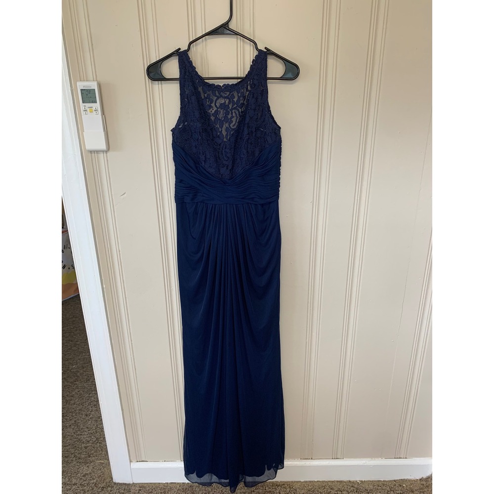 David's Bridal Navy‎ Blue Lace Bodice Sleeveless Formal Gown Dress